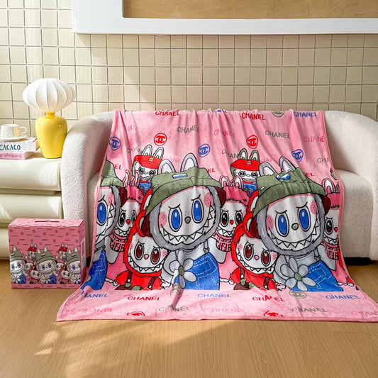 Coolvaya® Labubu Pink Smile Flannel Fleece Blanket (130×200cm)